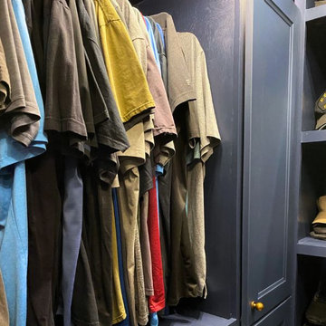 Moody Blues: Custom Closet With Hidden Storage & Sliding Shoe Cabinet