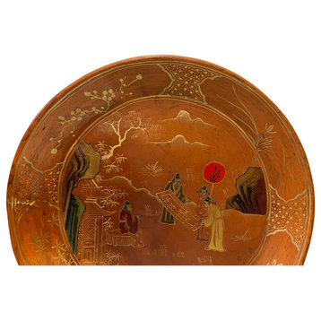 Chinoiseries Golden Graphic Brown Lacquer Round Display Disc Plate Tray Hws3390