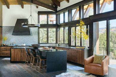 Large trendy dark wood floor kitchen photo in Denver with a farmhouse sink, flat-panel cabinets, medium tone wood cabinets, quartz countertops, gray backsplash, ceramic backsplash, stainless steel appliances and an island
