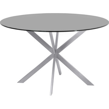 Mystere Round Dining Table - Brushed Stainless Steel, Gray Mirrored Top
