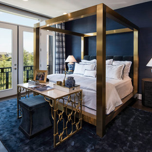 Inspiration for a transitional dark wood floor and brown floor bedroom remodel in DC Metro with blue walls
