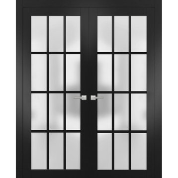 Interior French Double Doors 72 x 80, Felicia 3312 Black Frosted Glass, Hall