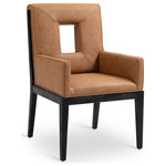 Meridian Furniture - Gwendolyn Upholstered Dining Arm Chair, Cognac, Vegan Leather, Black Finish - A masterpiece of modern elegance and comfort, the Gwendolyn cognac vegan leather dining armchair is where modern design meets timeless charm. Designed with comfort in mind, it features a high back and luxurious cushioning, perfect for long dinners or lively gatherings. The black wood frame adds a rustic touch, effortlessly balancing the contemporary fabric with a hint of warmth and tradition.