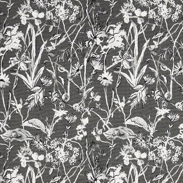 Garden Party Ink Floral Gray Pillow Sham Cotton Linen, King, Ruffled