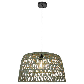 Boho Open Weave Metal and Paper Rope Ceiling Light, Olive Green