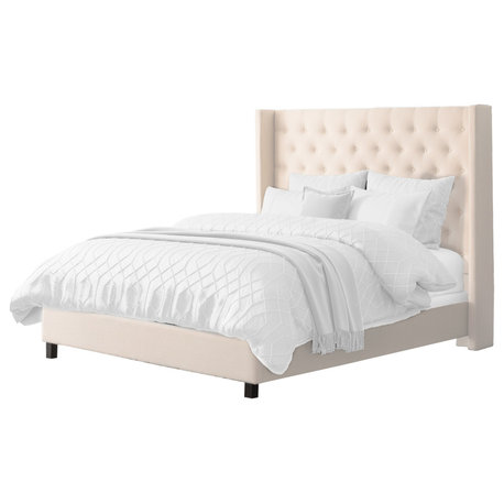 Fairfield Queen Fabric Tufted Wingback Bed with Slats, Cream