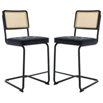 Set of 6 Bar Stool, Cantilever Design With PU Leather Seat & Rattan Back, Black