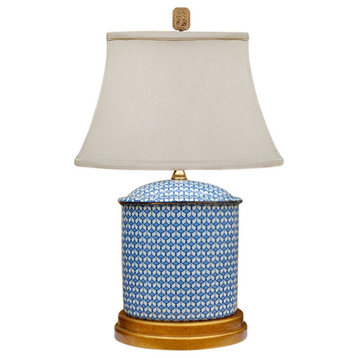 Blue and White Geometric Oval Porcelain Vase Table Lamp 19.5"