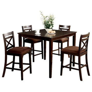 5 Piece Wooden Counter Height Table With Crossback Chairs, Espresso Brown