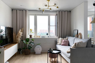 Photo of a mid-sized scandinavian living room in Moscow with white walls, laminate floors and a freestanding tv.