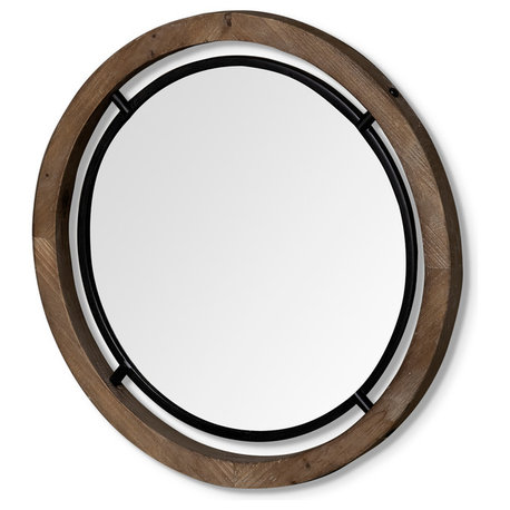 Josi Brown Solid Wood And Black Metal Frame Round Mirror, 24"