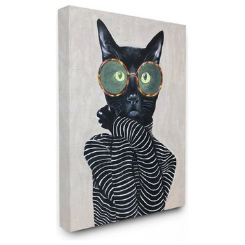 Fashion Feline Striped Shirt And Round Glasses Cat, Canvas, 11"x14"