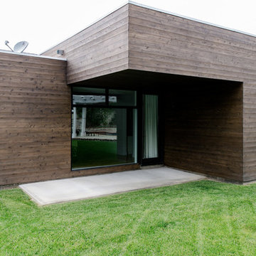private patio at cantilevered addition