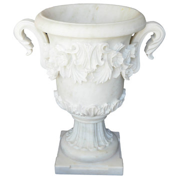 Vintage English Style Floral Engraved Makrana White Marble Planter, with handles