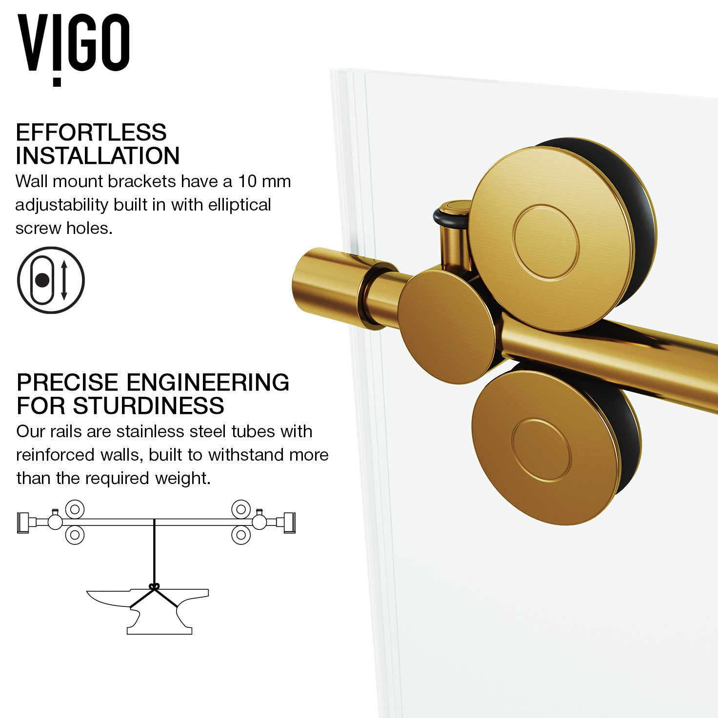 VIGO Elan 60" to 64" W x 74" H Frameless Sliding Shower Door, Matte Gold, Clear Glass