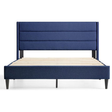 Platform Bed, Mango Wood Frame and Triple Channeled Headboard, Blue, King