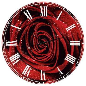 Red Rose Petals With Rain Droplets Oversized Floral Metal Clock, 36x36