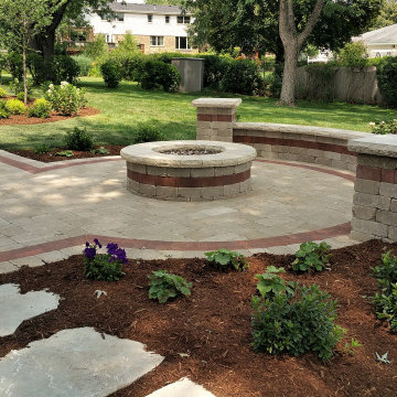Palatine Unilock paver patio, gas fire pit, seat wall, landscape