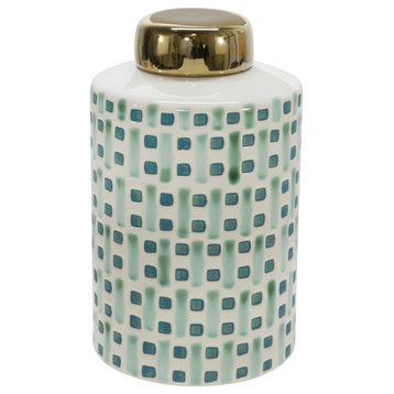 Ceramic 9" Jar With Gold Lid, Green/White