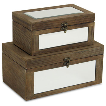 Set Of 2 Lined Natural Brown Wood Box With Bevelled Mirror Top And Front