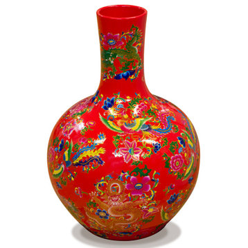 Red Dragon and Phoenix Imperial Chinese Porcelain Temple Vase, Without Stand