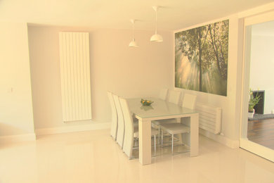 Photo of a medium sized modern open plan dining room in Other with white walls and porcelain flooring.