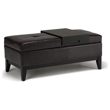 Transitional Storage Ottoman, PU Leather Seat With Serving Tray, Tanners Brown