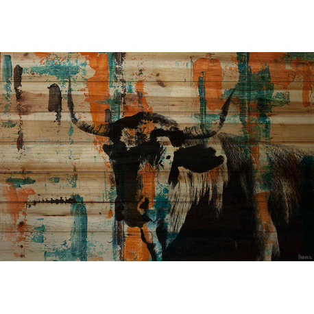 "Orange Teal Steer" Painting Print on Natural Pine Wood, 45"x30"