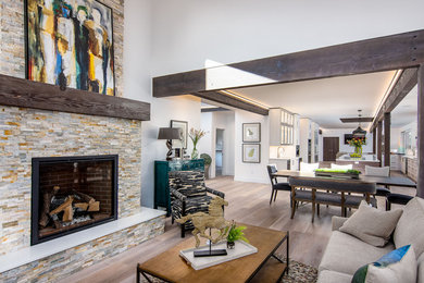 Huge 1950s formal and open concept light wood floor and brown floor living room photo in Portland with white walls, a standard fireplace, a tile fireplace and no tv