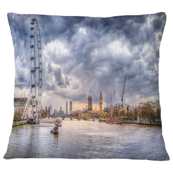 London Skyline and River Thames Cityscape Throw Pillow, 16"x16"