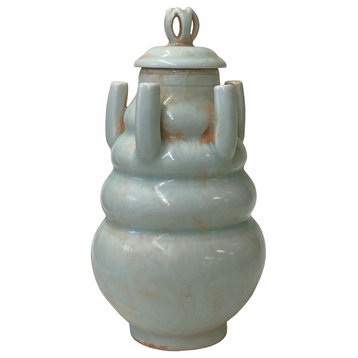 Chinese Handmade Ceramic Celadon White 5 Mouths Motif Jar Hws1779