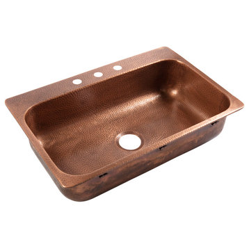 Angelico Copper 33" Single Bowl Drop-In Kitchen Sink with 3 Holes