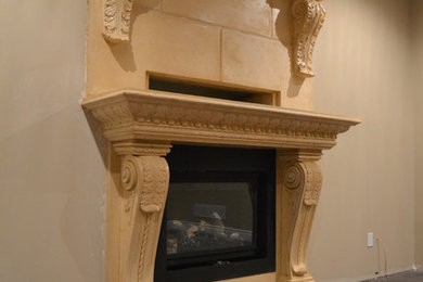 Cast stone fireplace mantel with over-mantel