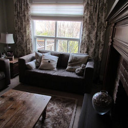 Custom Drapery and Levolor Woven Wood Roman Shades in Burlington Guest Room - Curtains