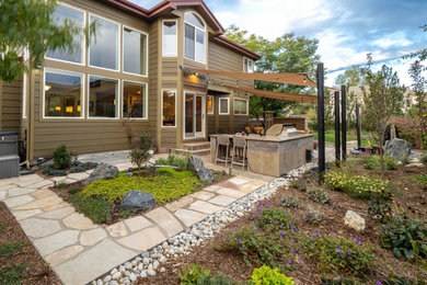 Inspiration for a mid-sized transitional drought-tolerant and full sun backyard stone landscaping in Other with a fireplace for summer.