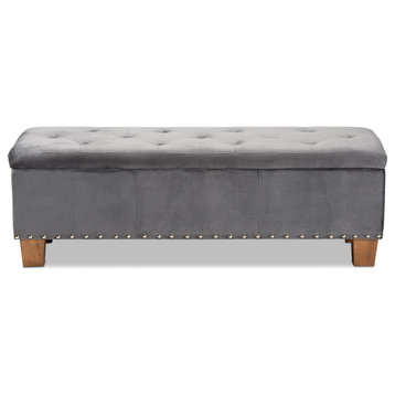 Large Storage Ottoman, Velvet Upholstery With Nailhead & Button Tufted Lid, Gray