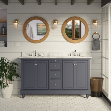 Bella 60" Bathroom Vanity, Marine Gray, Carrara Marble, Double Vanity