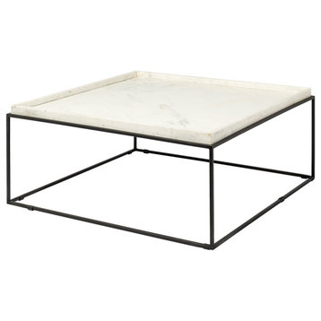 Nathan 36"x36" Square White Marble Top Black Metal Base Coffee Table