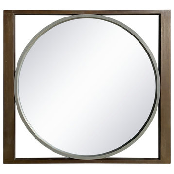 Benzara UPT-247266 Round Wall Mirror With Rectangular Wooden Frame, Brown