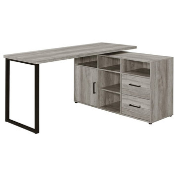 Transitional Desk, L-Shaped Design With Open Shelves and Drawers, Grey
