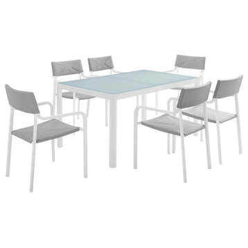 Raleigh Outdoor Patio Aluminum Dining Set With 6 Stackable Chairs, White Gray