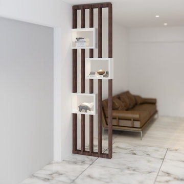 Wooden Slat Room Divider with Shelving