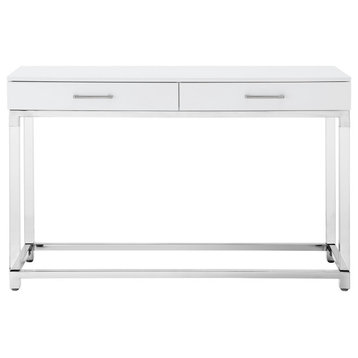 Dario High Gloss Console Table With Metal Base Acrylic Legs, White/Chrome
