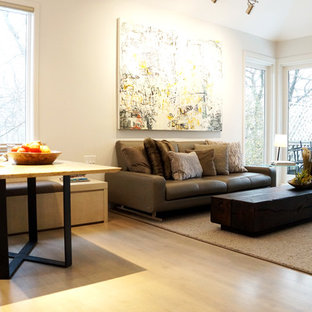 Example of a large minimalist open concept light wood floor family room design in Minneapolis with gray walls and a two-sided fireplace