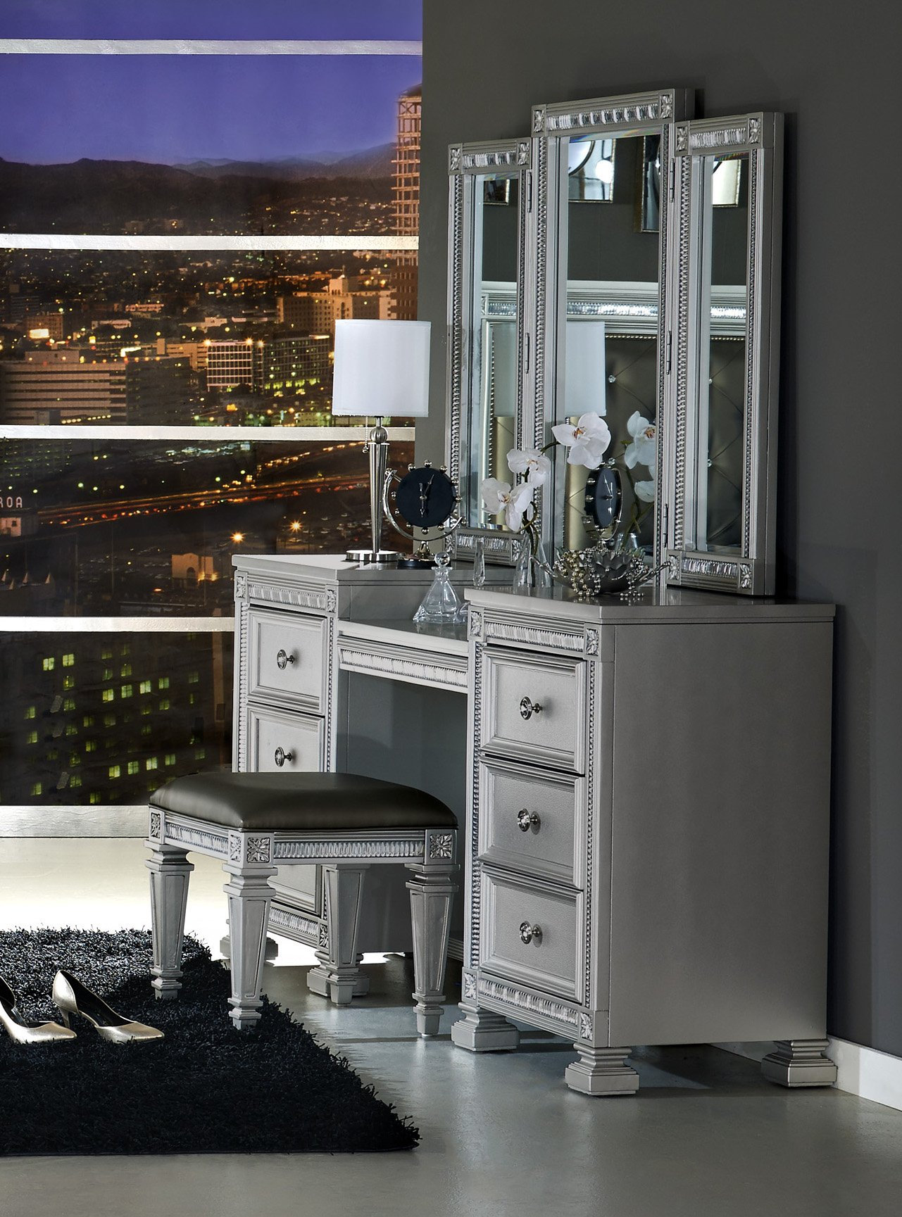 Begonia Hollywood Glam Vanity, Mirror and Stool Set, Metallic Gray
