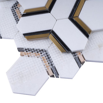 TNDOG-09 Hexagon White Marble Gold Metal Stainless Steel Backsplash Tile, Sample Swatch