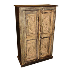 Mogul Interior - Consigned Antique Cabinet Farmhouse Rustic Original Wooden Accent Armoire - Armoires and Wardrobes