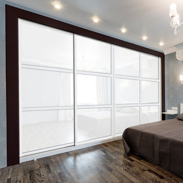 Modern Bypass Sliding Doors with White Glass & Mirror Glass Panels Inserts, 106"x84" Inches