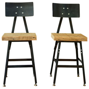 Set of 2 Reclaimed Wood Industrial Bar Stool, Steel Back, 25x16x16, Scorched