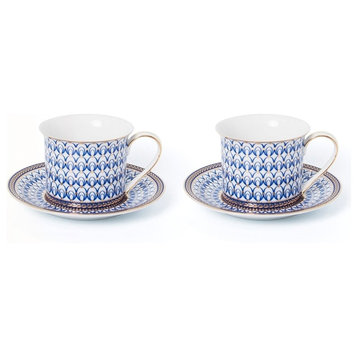 Royalty Porcelain Luxury Tea or Coffee Cup Set, 24K Gold (4 PC, Cobalt Net)